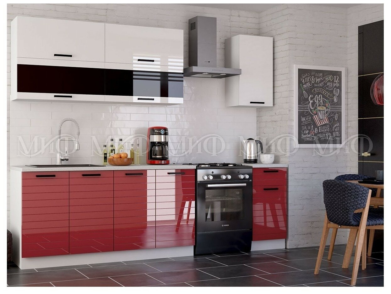 фото Кухня МДФ Техно 3 2000 Компоновка №2 (Белый глянец холодный/Красный металлик, Белый)