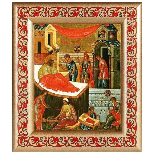 Рождество Пресвятой Богородицы, XV-XVI вв, икона в рамке с узором 14,5*16,5 см рождество пресвятой богородицы xv xvi вв икона на доске 13 16 5 см