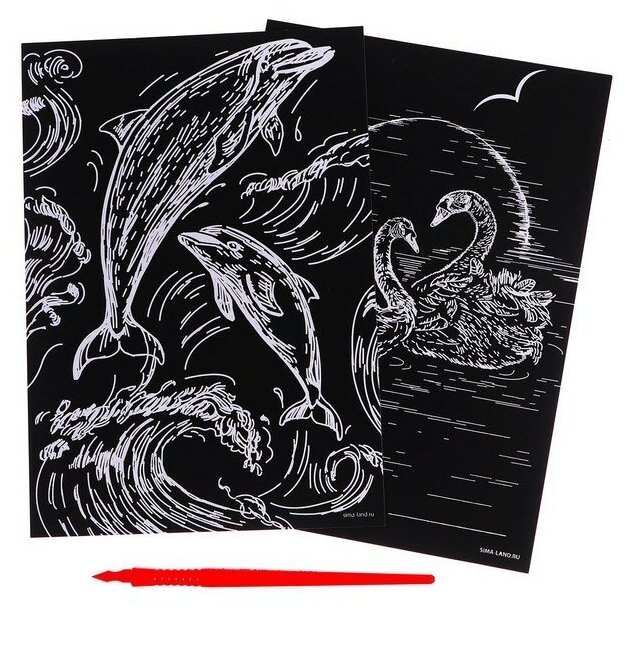 Школа талантов Набор гравюр «Дельфин и лебеди» с металлическим эффектом «золото», 2 шт, А5