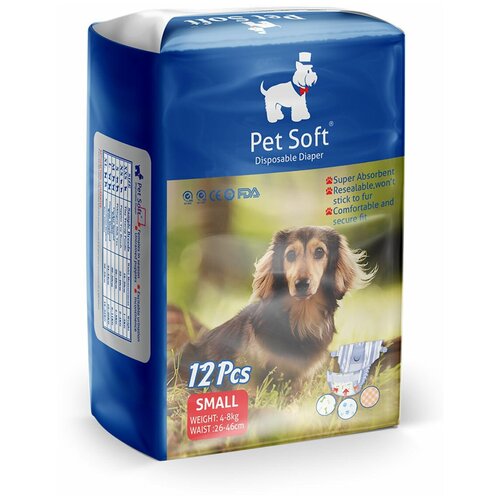 Подгузник PET SOFT DIAPER S, 3 цвета, для собак, вес 4-8 кг, талия 26-46 см, 12 шт