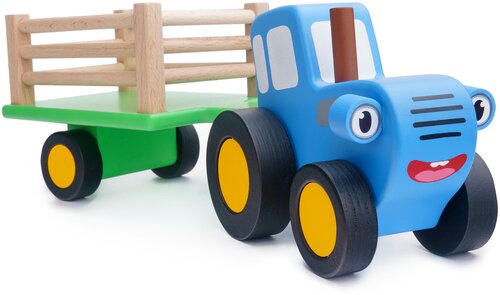 Деревянная игрушка Bochart Синий Трактор Гоша 11 см с прицепом Едет трактор