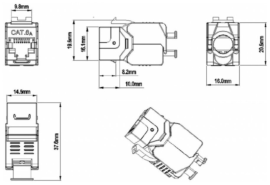 Вставка Keystone Jack RJ-45(8P8C) Hyperline, категория 6a (10G), экранированная, тип 180 градусов, Toolless, белая