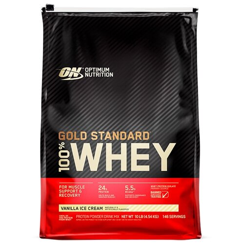 Протеин Optimum Nutrition 100% Whey Gold Standard, 4540 гр., ванильное мороженое протеин optimum nutrition 100% whey gold standard двойной богатый шоколад 4540 гр