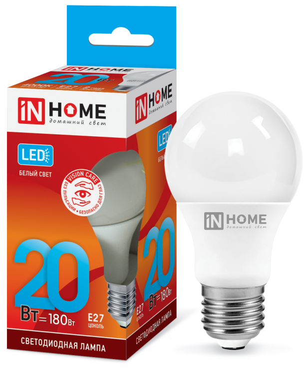 INhome Лампа светодиодная IN HOME LED-A60-VC, Е27, 20 Вт, 230 В, 4000 К, 1800 Лм