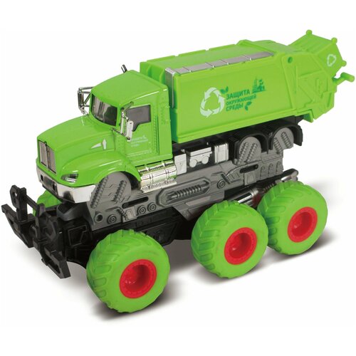 Мусоровоз Funky Toys Die-cast, с краш-эффектом, фрикционный, 6*6, зеленый, 1:43 61088 машины funky toys дорожная техника с краш эффектом die cast 1 43