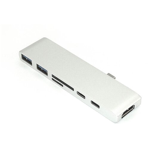 Адаптер Type C на HDMI, USB 3.0*2 + Type C* 2 + SD/TF для MacBook серебро адаптер сдвоенный type c на usb 3 0 2 разъёма и разъёма зарядки type c кардридер sd tf для macbook серебристый
