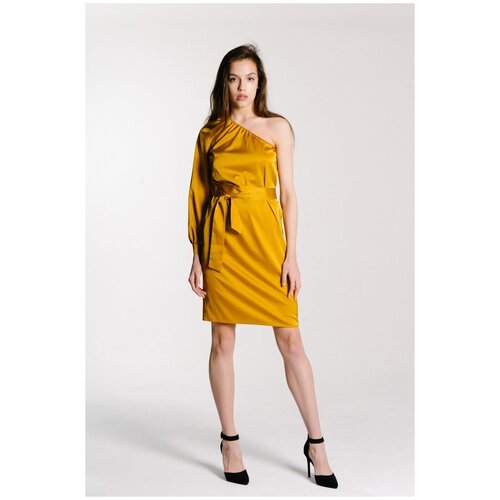 фото Шелковое платье с одним рукавом манговое - m beigelato