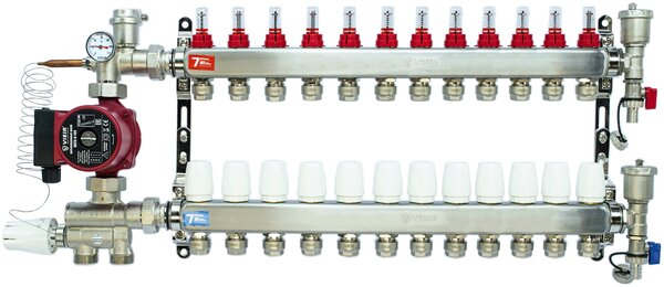 Комплект для теплого пола на 12 контуров с насосом VIEIR (коллектор, насосно-смесительный узел, насос циркуляционный, евроконус, тройник коллекторный)