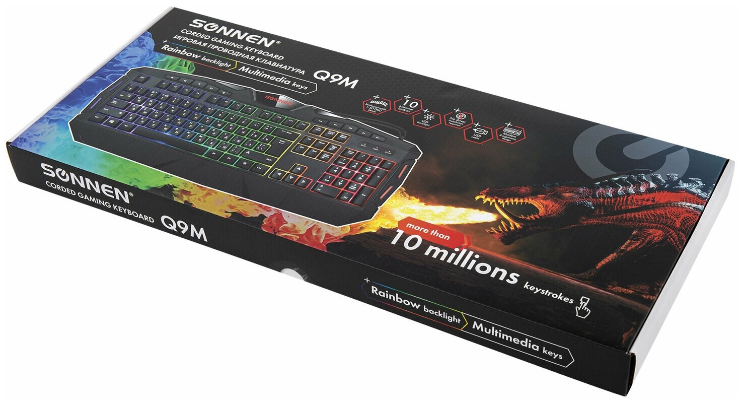 Клавиатура проводная игровая SONNEN Q9M, USB, 104 клавиши + 10 мультимедийных, RGB, черная, 513511