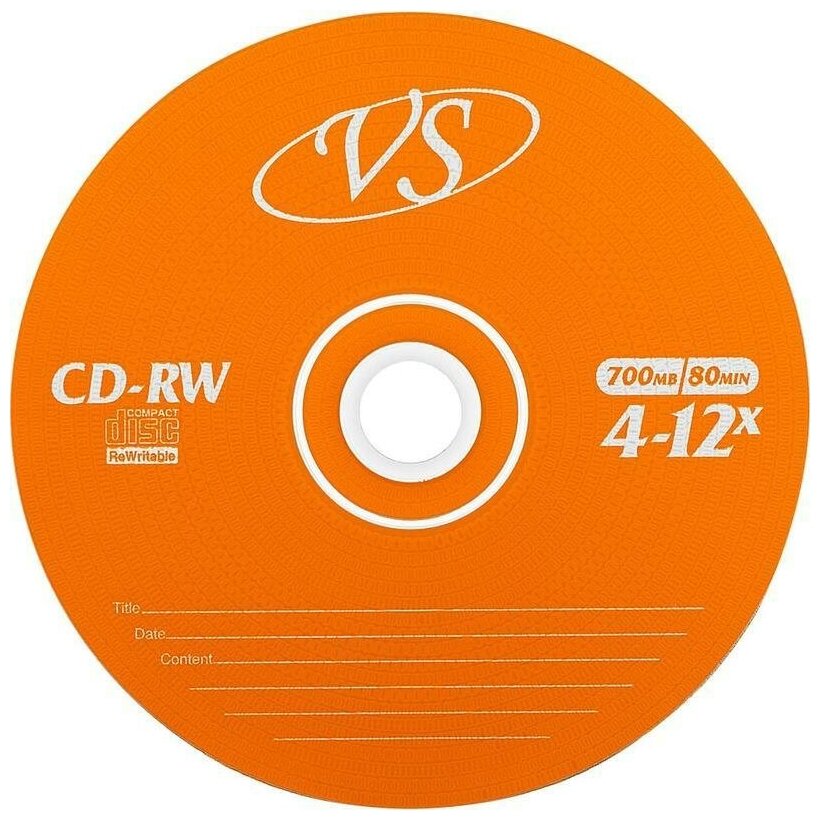 Оптический диск CD-RW VS 700Mb, 4-12x, slim case, 5шт. (VSCDRWSL501)