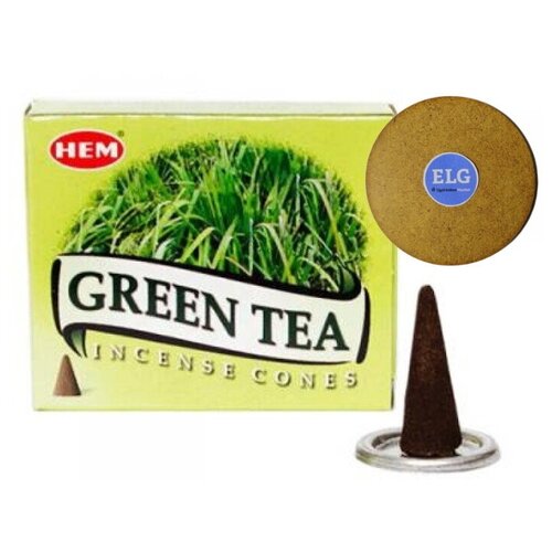 Благовония HEM конусы Зеленый чай (Green Tea) упаковка 10 конусов + подставка ELG