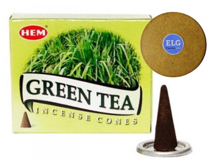 фото Благовония HEM конусы Зеленый чай (Green Tea) упаковка 10 конусов + подставка ELG