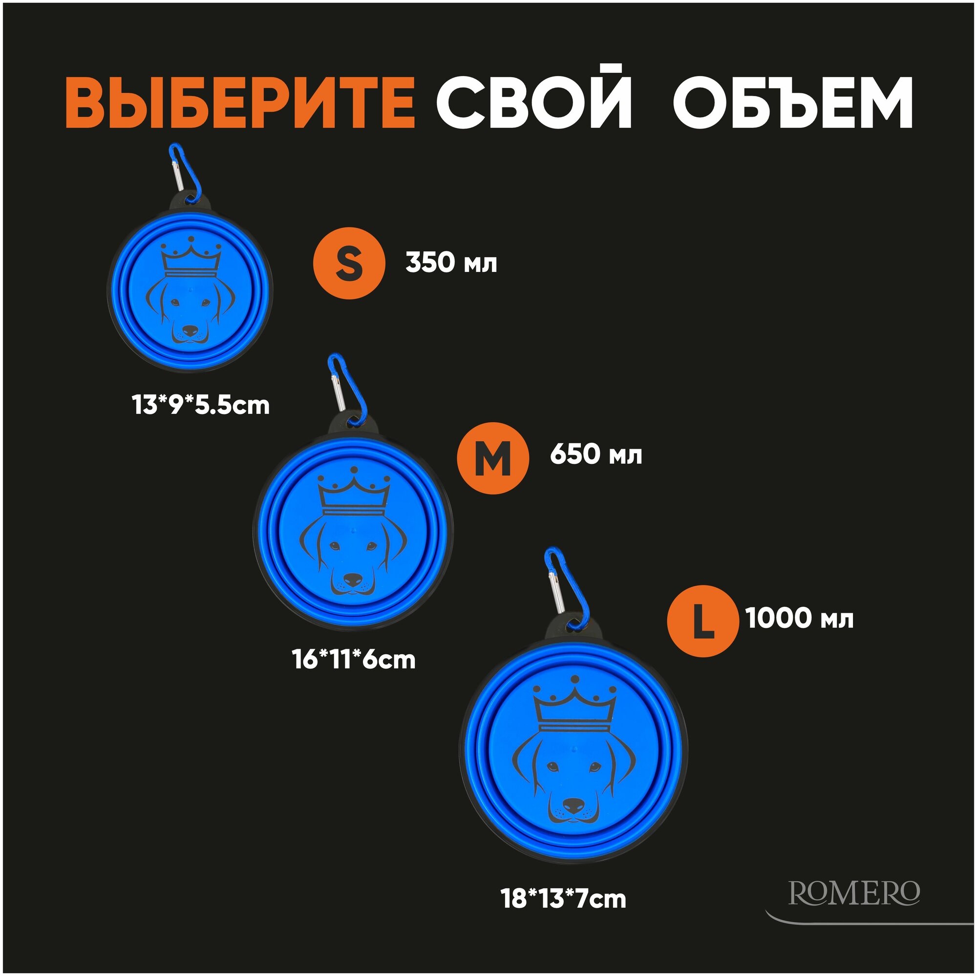 Силиконовая складная миска с карабином для животных ROMERO 1000 мл (синий) - фотография № 6