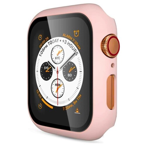 Защитный пластиковый чехол (кейс) Apple Watch Series 4 SE 6 5 44 мм для экрана/дисплея и корпуса противоударный бампер пудровый (светло-розовый) защитный пластиковый чехол со стеклом кейс apple watch series ultra 49 мм для экрана дисплея и корпуса противоударный бампер пудровый розовый