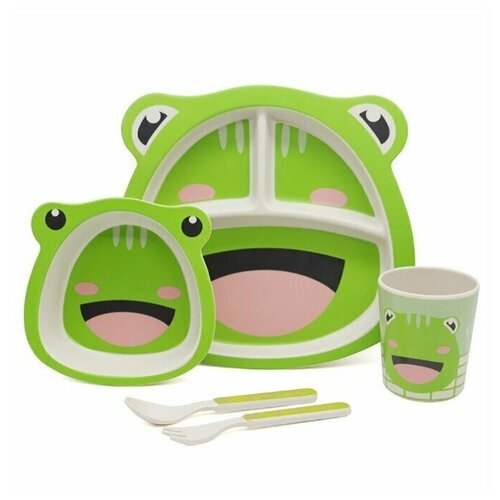 фото Детский столовый набор, тарелка, миска, ложка, вилка, стакан, цвет зеленый, 24х22х10 см, baby fox bf-bowl-64