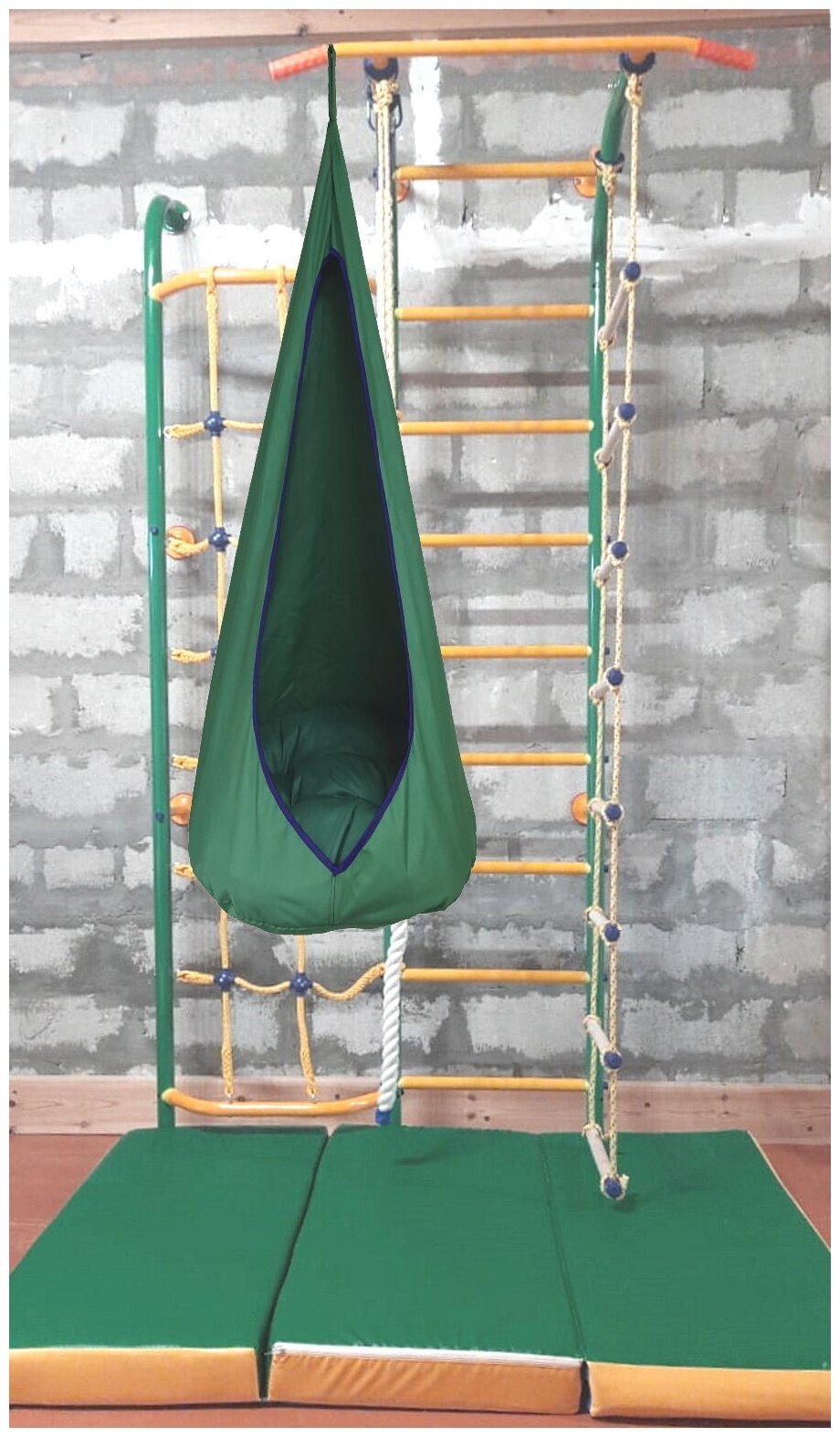 Комплект ДСК Пристенный New с сеткой для лазания противоскользящие ступени Веселый Непоседа Зеленый и гамак-капля
