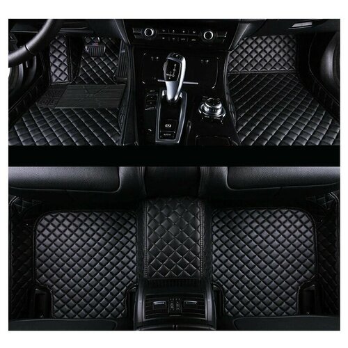 Автомобильные коврики кожаные 3D на BMW-X5 (F15) 2012-2018.Автоковрики черные с черной строчкой.