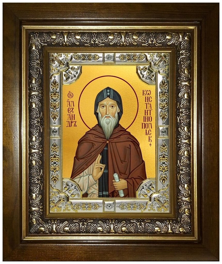 Икона Александр Константинопольский преподобный в деревянном киоте