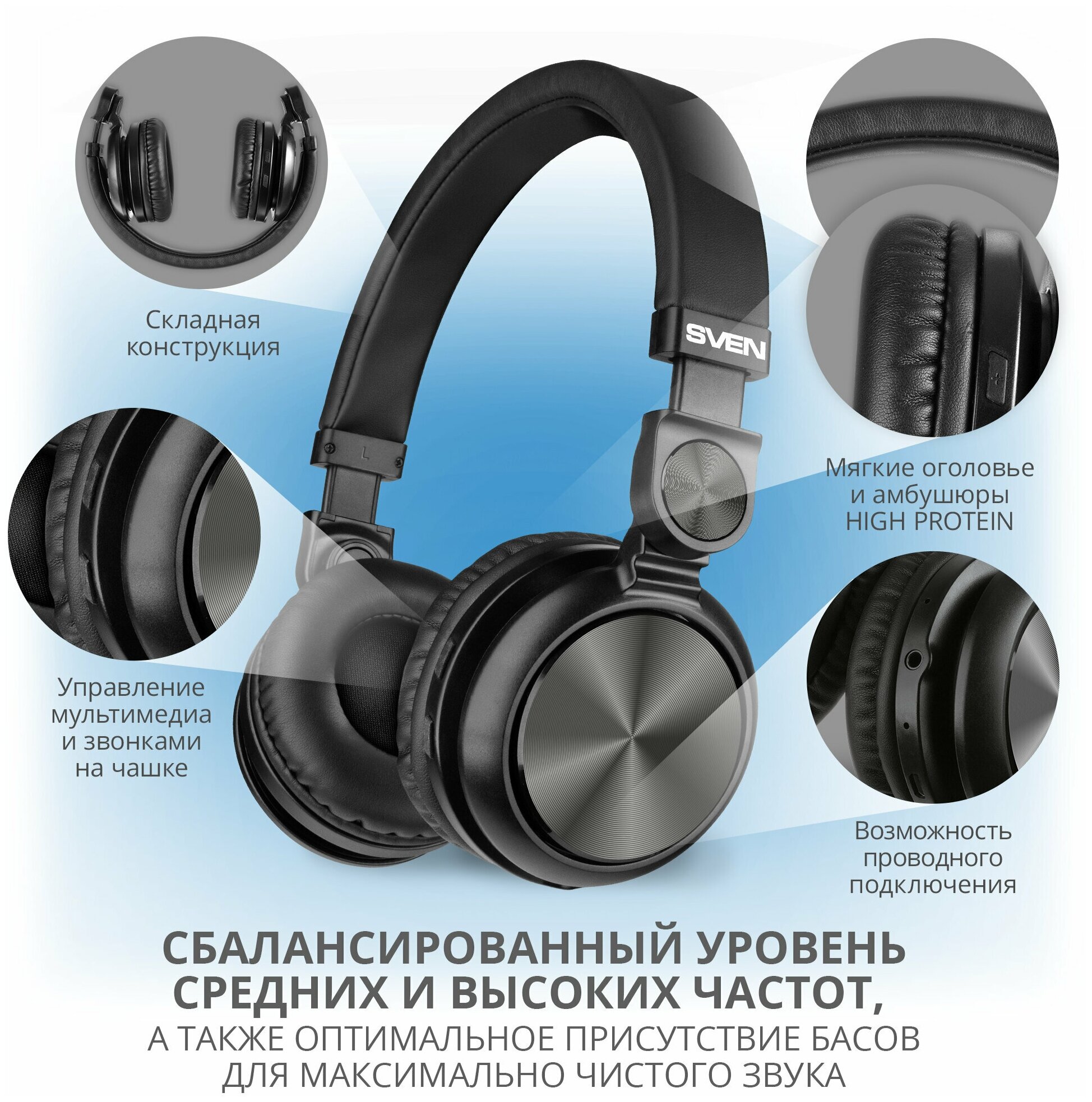 Наушники Sven AP-B650MV беспроводные, с микрофоном, Bluetooth, чёрный