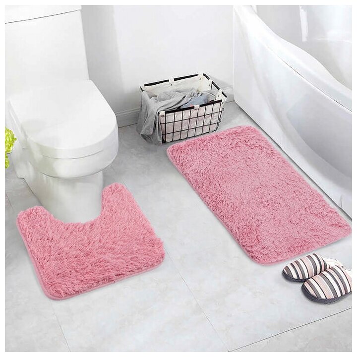 Набор ковриков для ванной и туалета Доляна «Пушистик», 2 шт: 38×40, 40×60 см, цвет розовый - фотография № 12