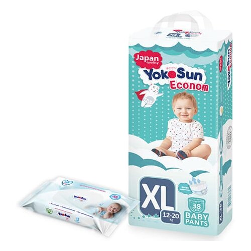 фото Yokosun трусики econom xl (12-20 кг) 38 шт. + салфетки влажные детские 18 шт.