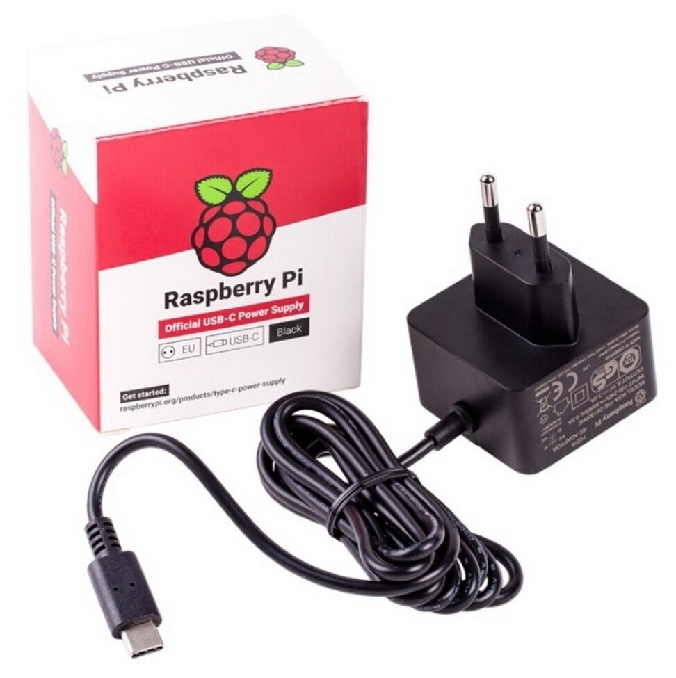 Блок питания для Raspberry Pi 4 Model B, Black, 5.1V, 3A, Cable 1.5 m, USB Type С output jack (187-3417)(187-3425)