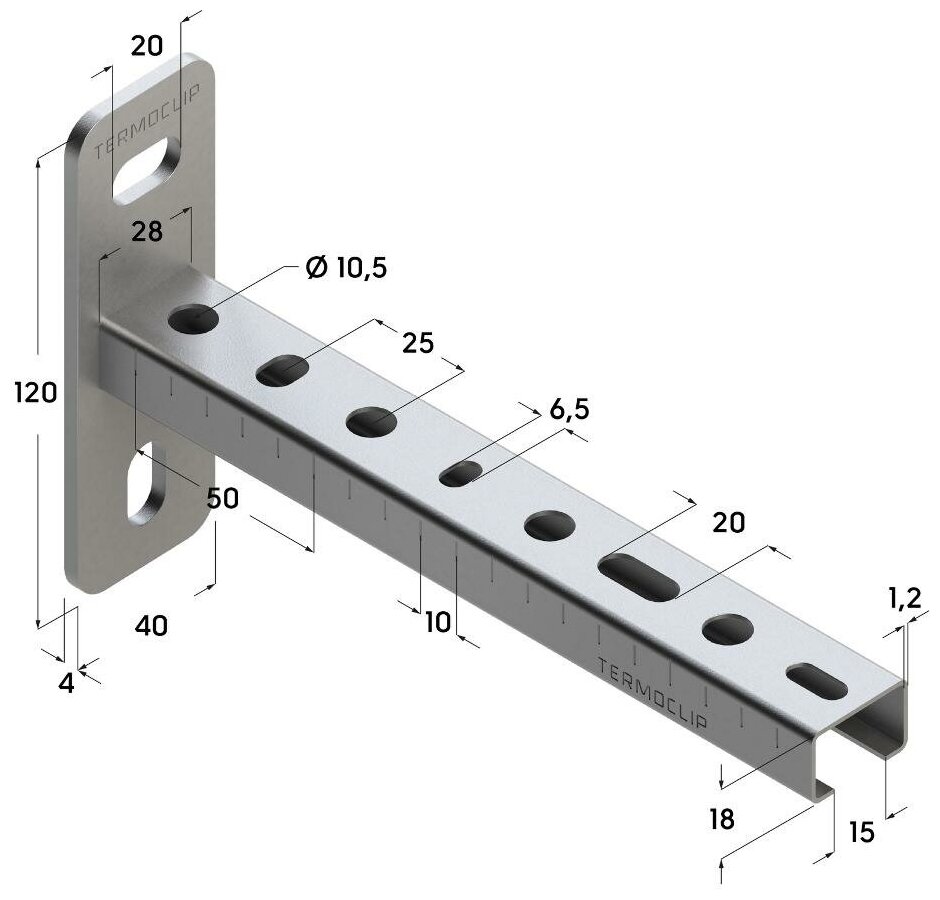 Консоль перфорированная TCA 28х18х1,2 мм L=300 мм (Termoclip) - фотография № 3