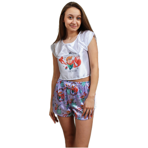 фото Пижама женская футболка с шортами со сказочным принтом / домашний комплект для сна и отдыха / фиолетовый / размер 44 милота