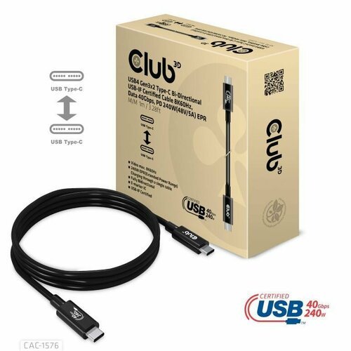 Кабель CLUB 3D CAC-157 6USB-C / USB-C, USB4 Gen3x2 Type-C, двунаправленный, 1 метр, для ПК, смартфона, цвет черный (CAC-1576) кабель club 3d cac 1531 удлинительный usb c usb c m f usb gen1 type c 60 вт для планшета ноутбука смартфона 1 метр цвет черный cac 1531