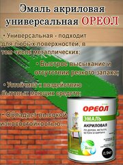 Эмаль акриловая универсальная Ореол Зеленая Глянцевая 0,9кг, быстросохнущая, без запаха; краска по дереву, металлу, бетону, кирпичу