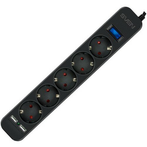 Фильтр SVEN SF-05LU 1,8 м (5 евро розеток,2*USB(2,4А)) черный, цветная коробка Sven SF-05LU (SV-018832) - фото №18
