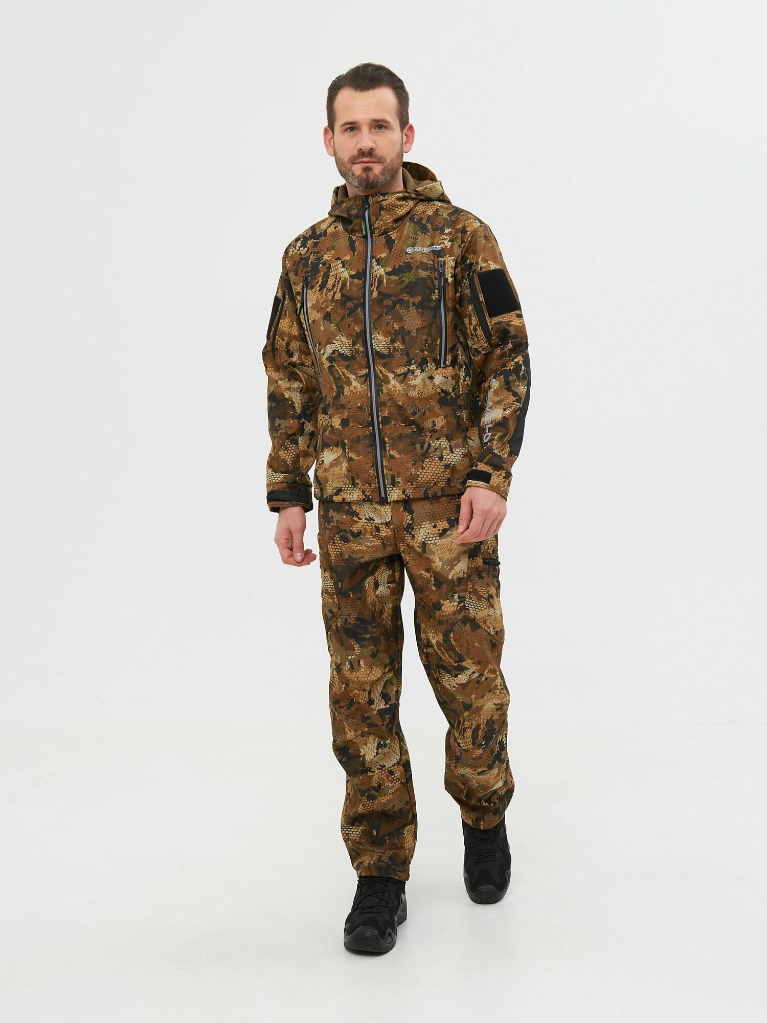 Костюм тактический мужской демисезонный  камуфляжный на флисе Huntsman Камелот рыболовный  охотничий  ткань Softshell  цвет Питон  р 52 54 182 