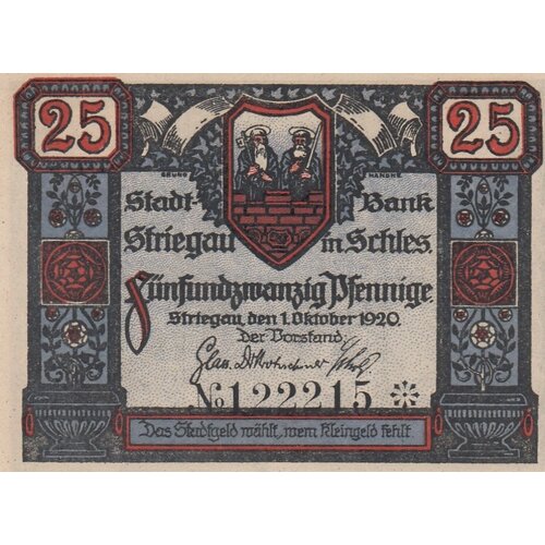 Германия (Веймарская Республика) Стригау 25 пфеннигов 1920 г. (2) германия веймарская республика штайнфельд 25 пфеннигов 1920 г 2