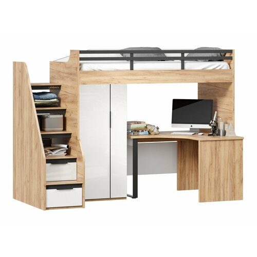 Урбан Кровать-чердак, стол письменный угловой со шкафом для одежды (правая Дуб Золотой/Белый)