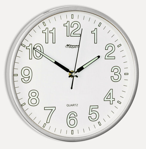 Изображение товара Настенные кварцевые часы MIRRON P2864 СБ/Большие круглые часы/26 см/Белый (светлый) циферблат/Светящиеся цифры и стрелки/Серебристый цвет корпуса/Бесшумные кварцевые часы