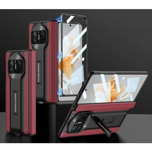 Магнитный чехол бампер MyPads для Huawei Mate X3 на пластиковой основе из качественной импортной кожи с прозрачной крышкой на экран телефона в крас.