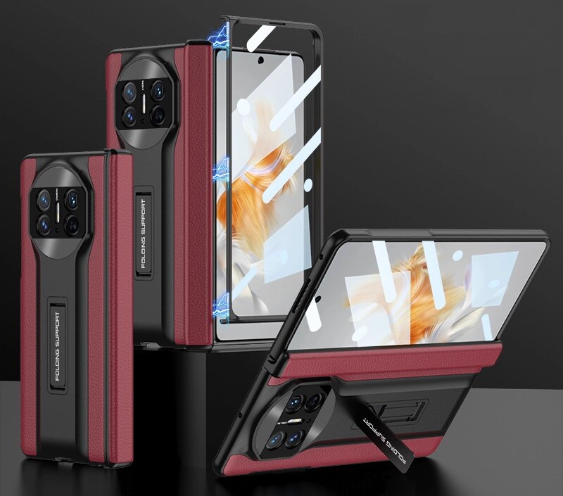 Магнитный чехол бампер MyPads для Huawei Mate X3 на пластиковой основе из качественной импортной кожи с прозрачной крышкой на экран телефона в крас.