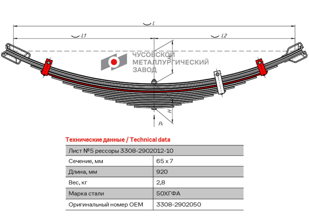 ЧМЗ 3308-2902050 Лист рессоры ГАЗ-3308 передней №5 с хомутом L=920мм ЧМЗ