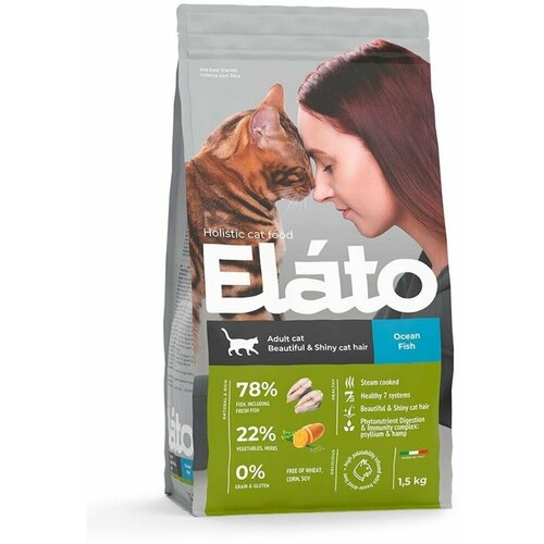 Сухой корм для взрослых кошек для красивой и блестящей шерсти Elato Holistic Adult Cat Ocean Fish / Beautiful & Shiny Cat Hair с рыбой 1,5 кг
