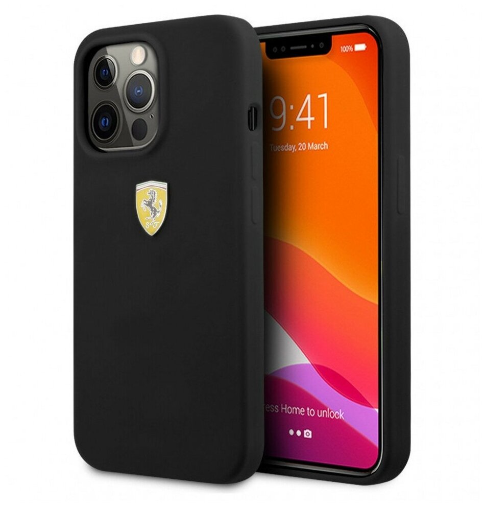 Ferrari для iPhone 13 Pro Max чехол Liquid silicone with metal logo Hard Black