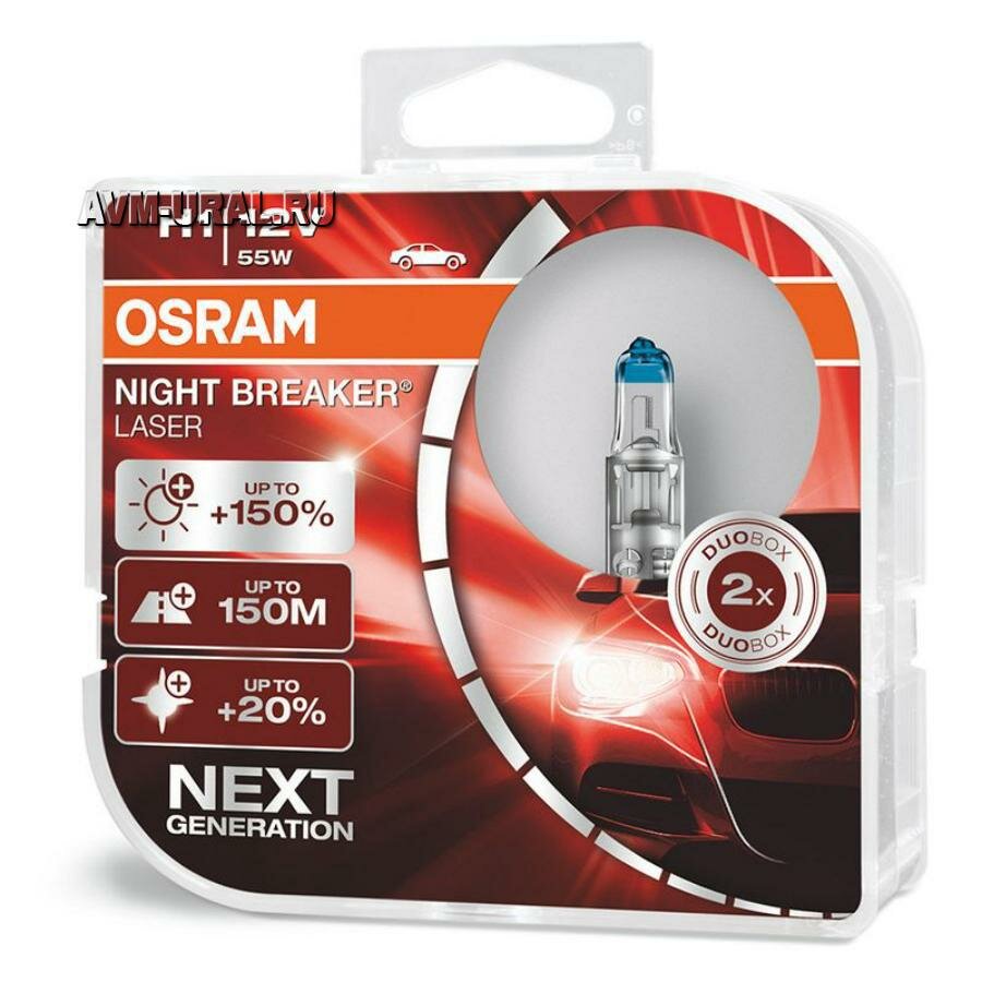 OSRAM 64150NL-HCB Лампа 12 В H1 55 Вт дальнего света +150% Night Breaker Laser 2 шт. Osram
