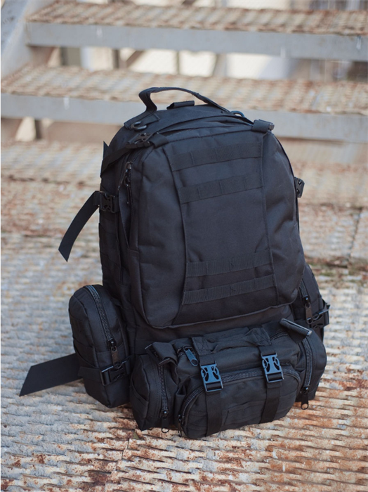 Штурмовой тактический военный рюкзак 55 литров со съёмными подсумками и ситемой Молле из водонепроницаемой ткани цвет чёрный