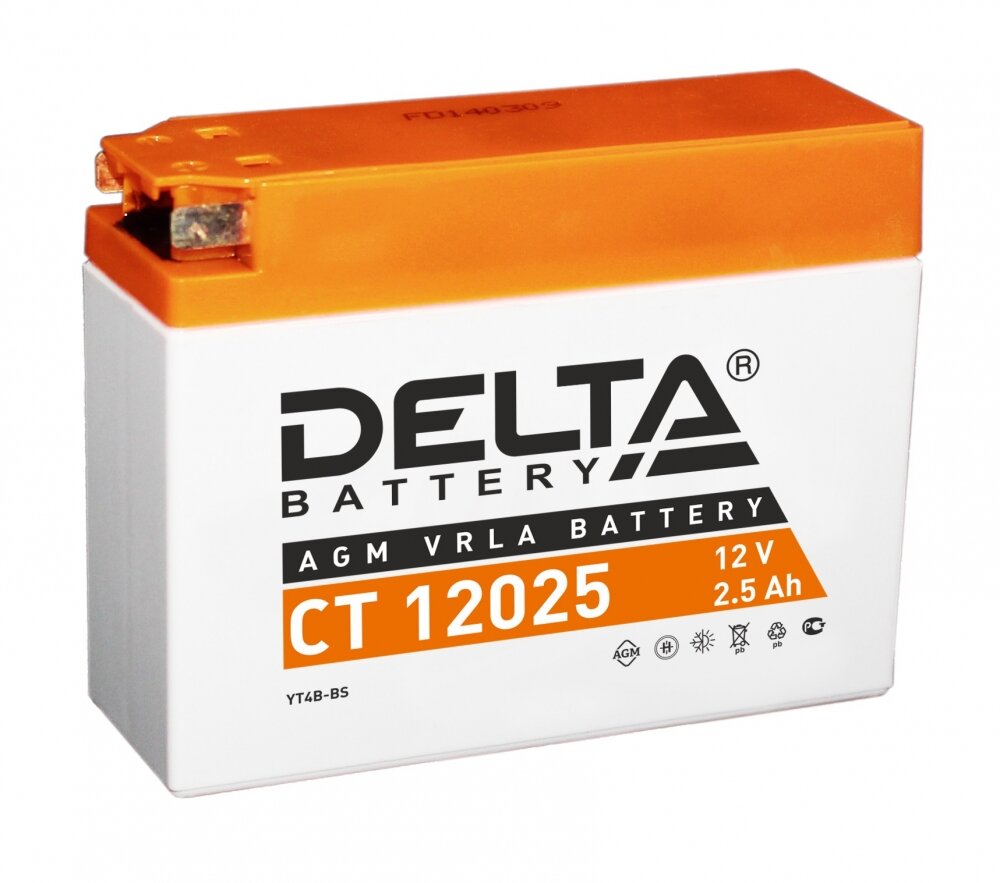 Аккумулятор для мотоцикла и скутера Delta CT12025 12V 2.5 А/ч 40 А обр. пол. залит/заряжен YTX4B-BS, YT4B-BS, YT4B-4 (113х38х87) AGM VRLA