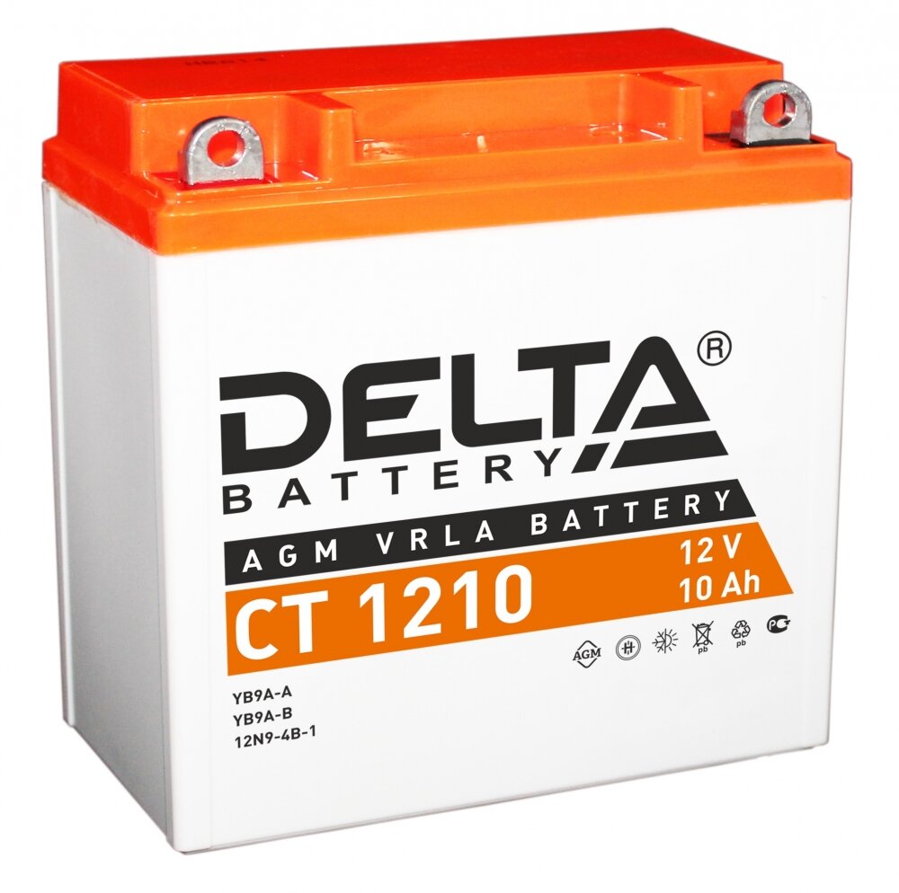 Аккумулятор для мотоцикла и скутера Delta CT1210 12V 10 А/ч 100 А прям. пол. залит/заряжен YB9A-A, YB9-B, 12N9-4B-1 (137х77х138) AGM VRLA