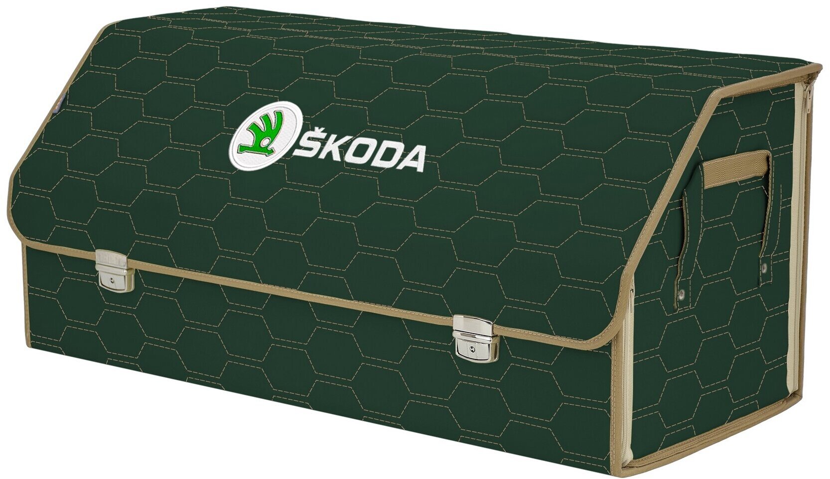 Органайзер-саквояж в багажник "Союз Премиум" (размер XXL). Цвет: зеленый с бежевой прострочкой Соты и вышивкой Skoda (Шкода).