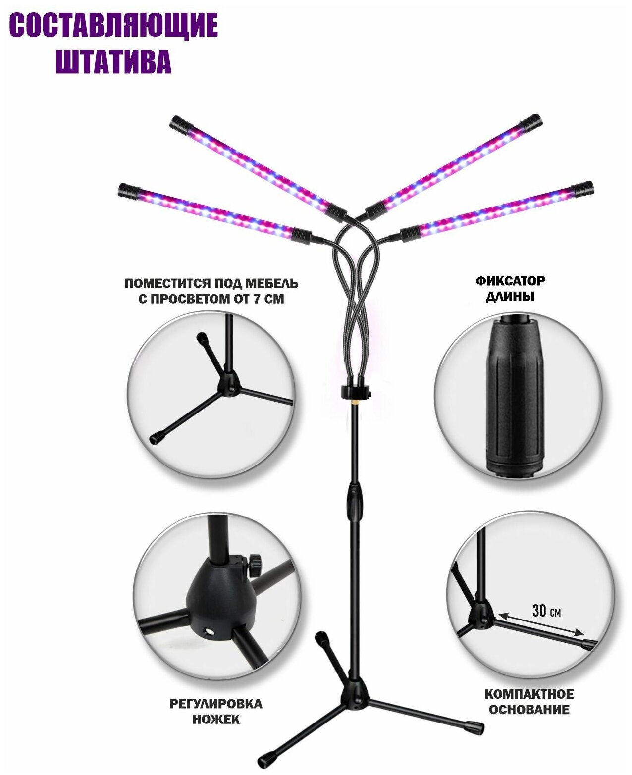 Фитолампа светодиодная, светильник для растений 4 панели на штативе FL-ML-P15 с пультом на проводе и удлинителем 1,5 м с адаптером - фотография № 10