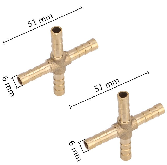 (2шт) внешний D-6мм Разветвитель крестовой латунный штуцер ёлочка (Х-образный) для трубок с внутренним D-6мм внешний диаметр штуцера ёлочка 6мм