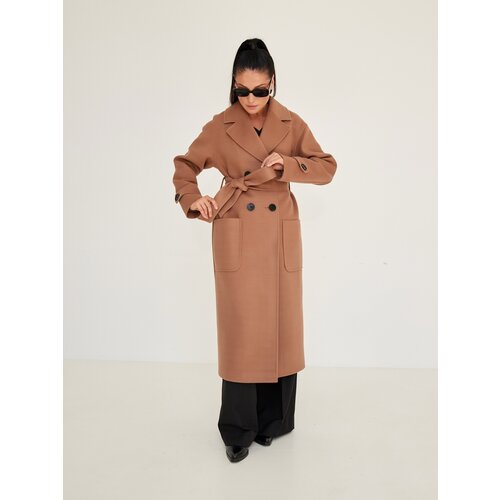 Пальто  Fidan демисезонное, шерсть, силуэт прямой, удлиненное, размер 40, бежевый, коричневый