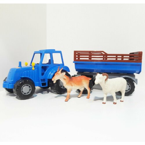 Синий трактор с прицепом (44 см) и животное козочка и овечка