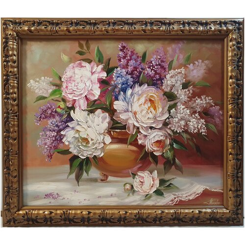 Картина холст-масло Цветы, оформлено в рамку 70х60см.